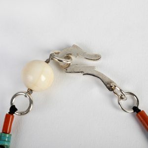 Moroccan gilded focal, turquoise heishi beads, conch, coral and bone beads, paired old silver spacers, sterling hook closure - Image 5