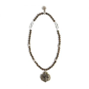Jade moth focal, sandalwood beads,rectangular Thai  sterling spacers, sterling double hooks hook closures, with antique sterling ornament - Image 1