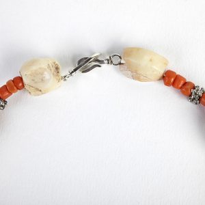 Conch and mother of pearl beads, conch carved hair beads inset with coral, antique shell focal, tiny corals, sterling hook closure - Image 4