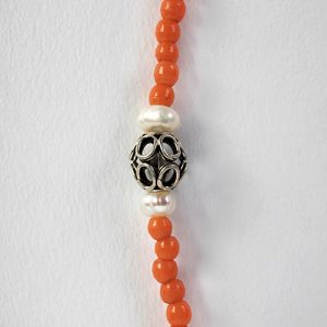 Coral and silver filigree focal, corals, natural pearls, sterling spacers, with exceptional tiny sterling fish, sterling hook closure - Image 3