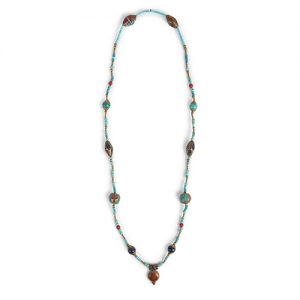 Tibetan inlaid coral and lapis focal, inlaid and capped Tibetan beads, turquoise heishi beads with coral spacers - Image 1