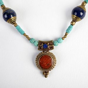 Tibetan inlaid coral and lapis focal, inlaid and capped Tibetan beads, turquoise heishi beads with coral spacers - Image 2