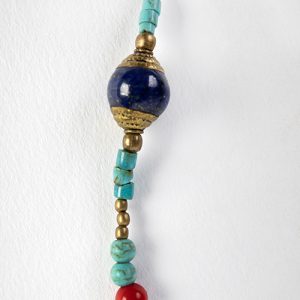 Tibetan inlaid coral and lapis focal, inlaid and capped Tibetan beads, turquoise heishi beads with coral spacers - Image 3