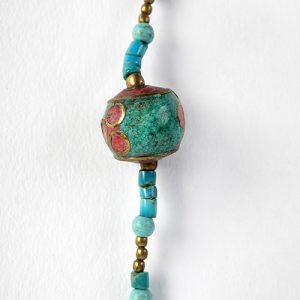 Tibetan inlaid coral and lapis focal, inlaid and capped Tibetan beads, turquoise heishi beads with coral spacers - Image 4
