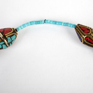 Tibetan inlaid coral and lapis focal, inlaid and capped Tibetan beads, turquoise heishi beads with coral spacers - Image 6