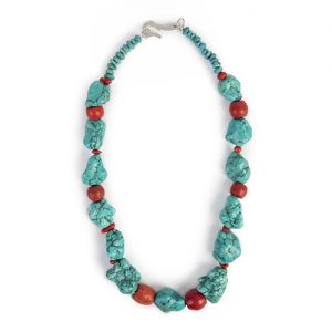 Turquoise large, natural nuggets, large old corals, small turquoise and coral bead spacers sterling hook closure - Image 1