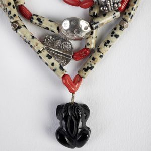 Dalmatian beads, corals, 2 middle focals with antique silver beads, jade frog.  Clsoure of old niello Turkish buckle pieces, sterling hook - Image 2