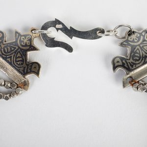 Dalmatian beads, corals, 2 middle focals with antique silver beads, jade frog.  Clsoure of old niello Turkish buckle pieces, sterling hook - Image 3