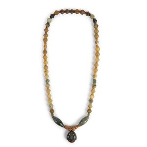 Moroccan exceptional sterling focal inset with amber and emerald.  Jade bead mixed shapes and colors - Image 1