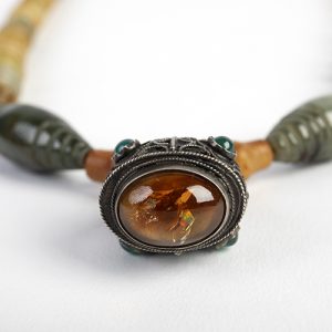 Moroccan exceptional sterling focal inset with amber and emerald.  Jade bead mixed shapes and colors - Image 3