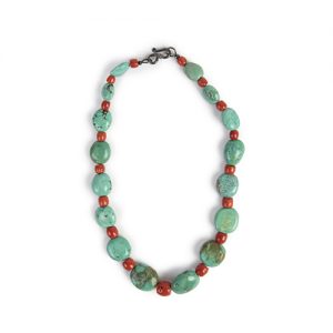 Turquoise green large stones, exceptional antique  coral bead spacers, sterling hook closure - Image 1