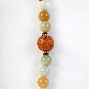 Jade large carved focal. mixed incised and carved  or incised jade beads, tiny brass spacers.  Old glass beads ending statement - Image 3