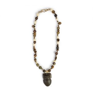 Jade Chinese scrab beetle focal, mixed tiger eye, agate and carved bone beads, gilded spacers and hook closure - Image 1