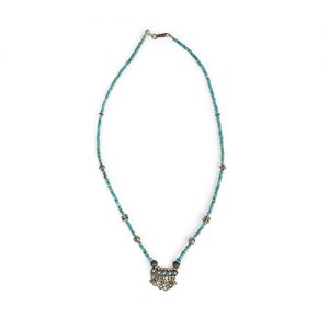 Turquoise inlaid small old silver focal, heishi beads, paired antique silver bead spacers and old silver hook closure - Image 1