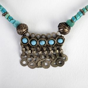 Turquoise inlaid small old silver focal, heishi beads, paired antique silver bead spacers and old silver hook closure - Image 2